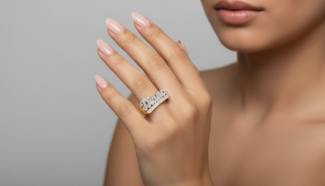 Gold Old School Name Ring with Diamond Cuts