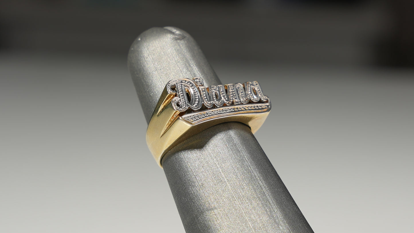 Gold Old School Name Ring with Diamond Cuts