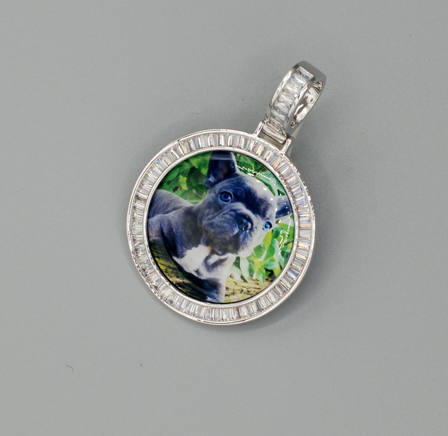 14k Gold or White Gold plated Round Baguette stone Custom 3D Photo Picture Charm Pendant 1.5 inch (39mm)