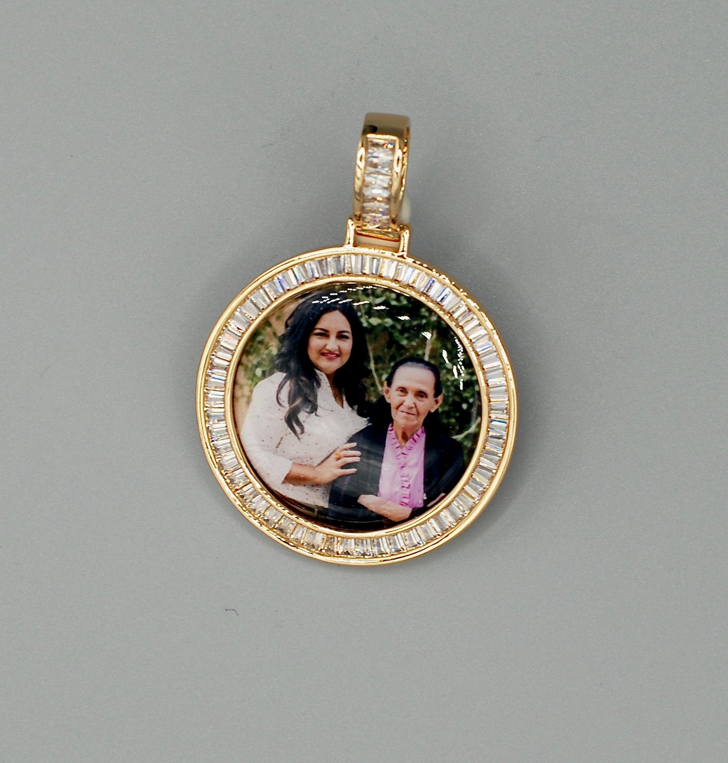 14k Gold or White Gold plated Round Baguette stone Custom 3D Photo Picture Charm Pendant 1.5 inch (39mm)