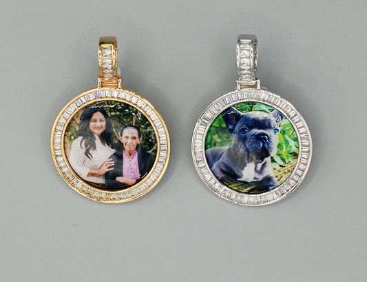 14k Gold or White Gold plated Round Baguette stone Custom 3D Photo Picture Charm Pendant 1.5 inch (39mm)
