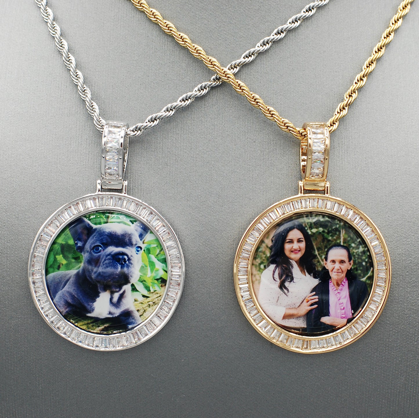 14k Gold or White Gold plated Round Baguette stone Custom 3D Photo Picture Charm Pendant 1.5 inch (39mm)