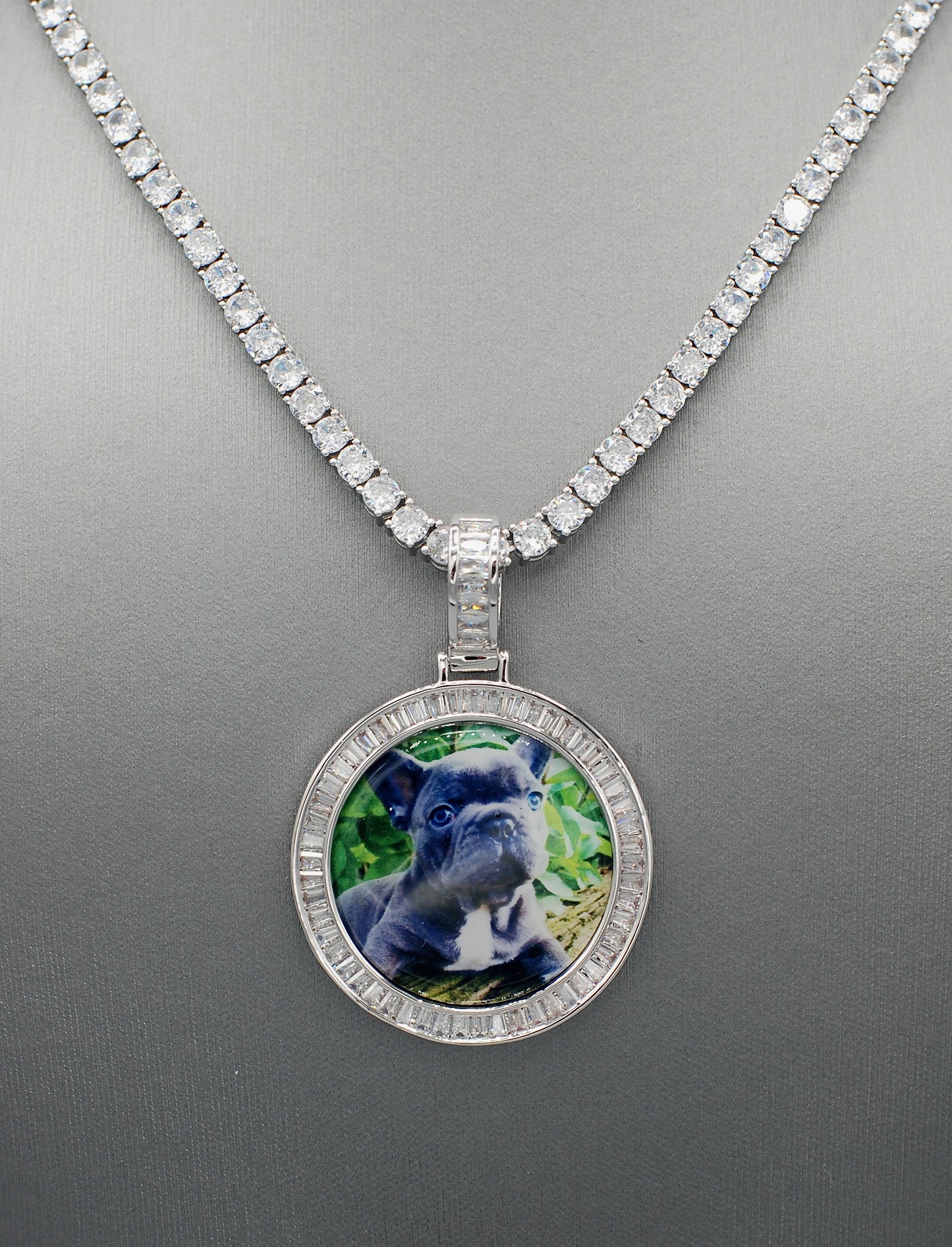 14k Gold or White Gold plated Round Baguette stone Custom 3D Photo Picture Charm Pendant 1.5 inch (39mm)