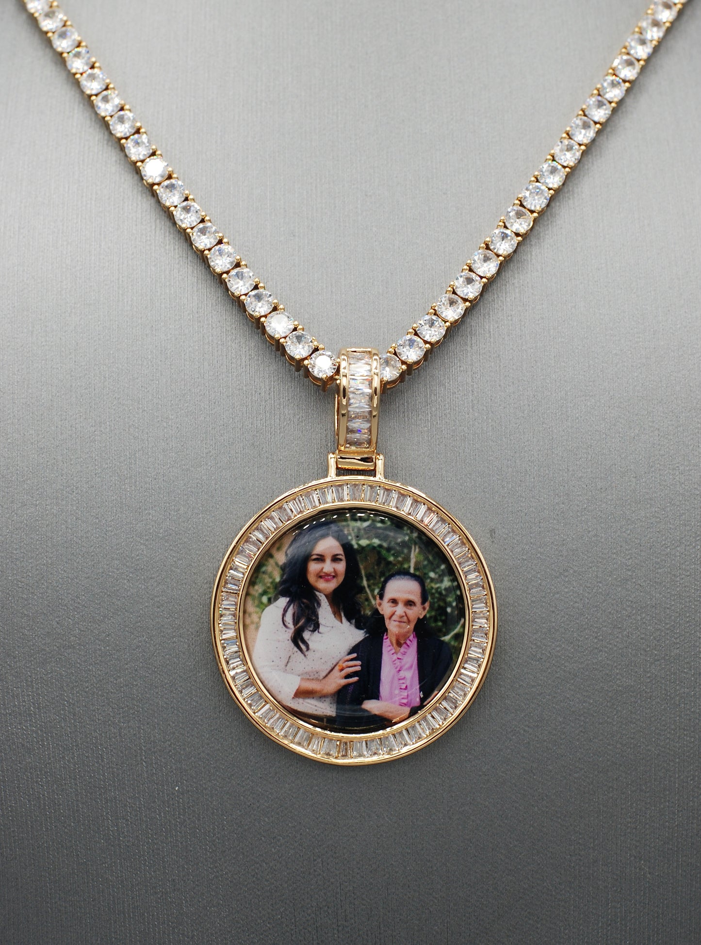 14k Gold or White Gold plated Round Baguette stone Custom 3D Photo Picture Charm Pendant 1.5 inch (39mm)