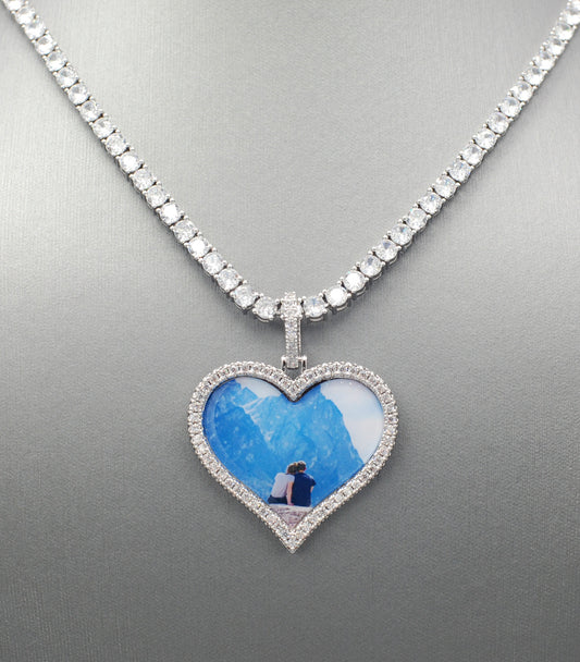 14k Gold or White Gold plated Heart shaped Custom 3D Photo Picture Charm Pendant 1.7 inch (44mm)