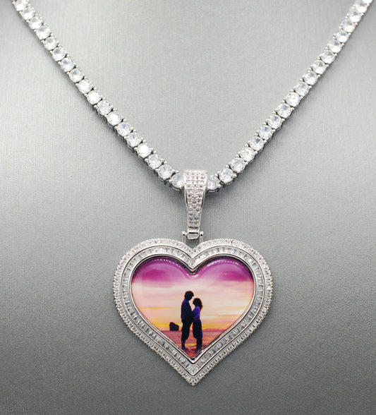 14k Gold or White Gold plated Heart shaped Double Bezel Custom 3D Photo Picture Charm Pendant 1.7 inch (44mm)