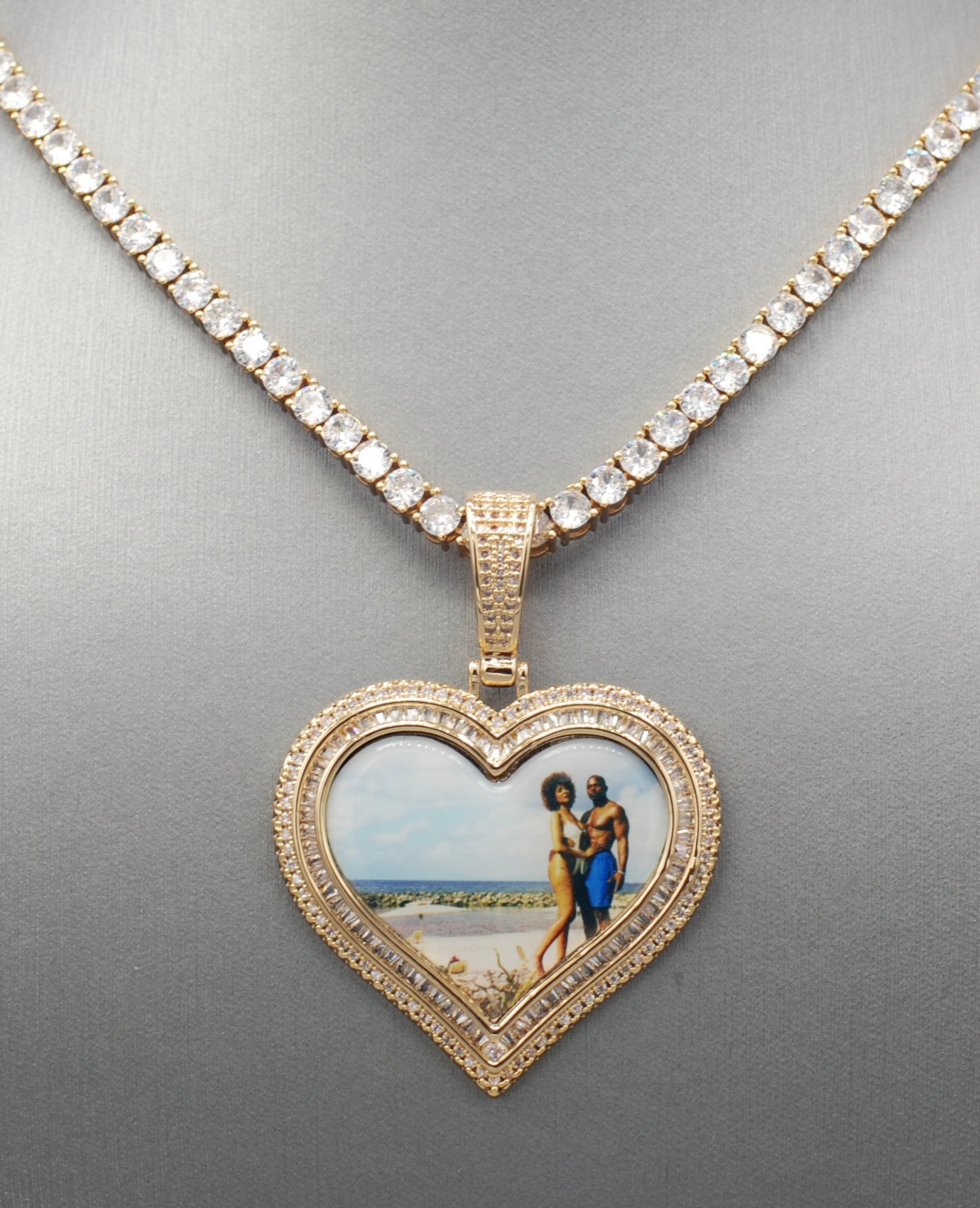 14k Gold or White Gold plated Heart shaped Double Bezel Custom 3D Photo Picture Charm Pendant 1.7 inch (44mm)