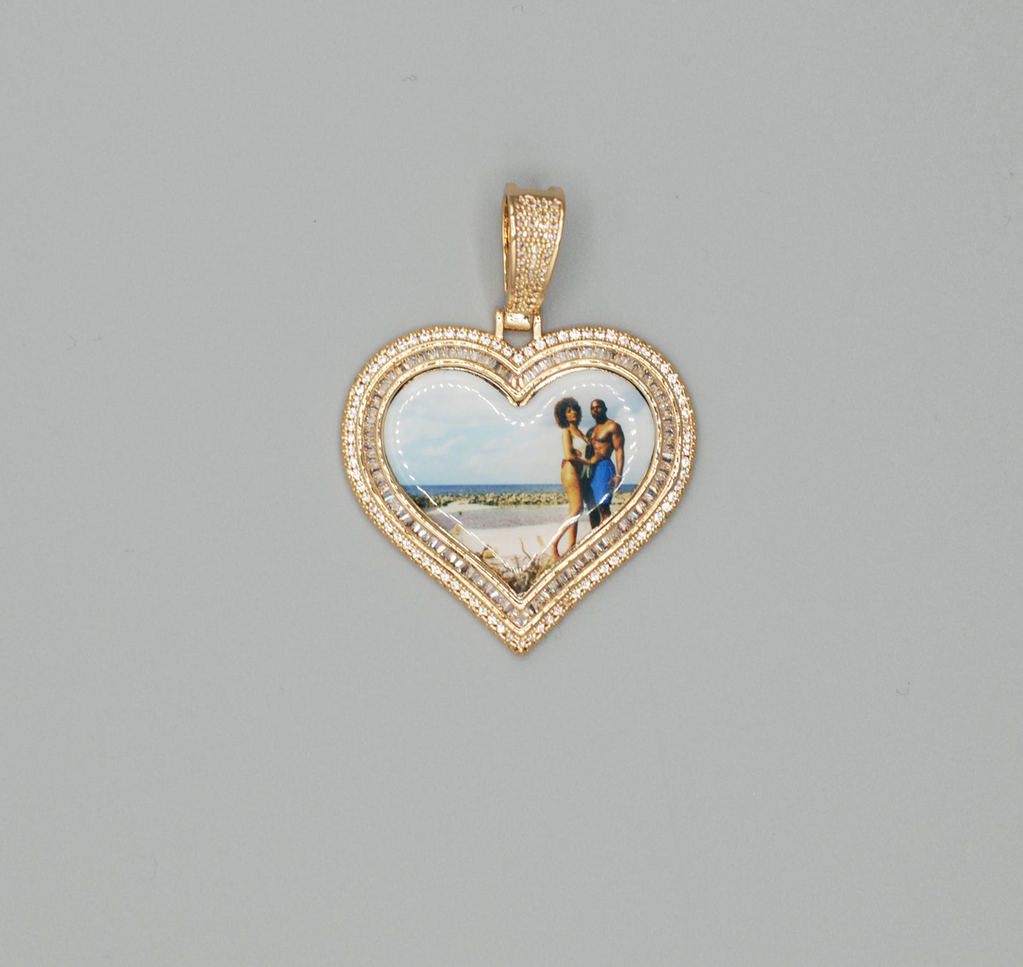 14k Gold or White Gold plated Heart shaped Double Bezel Custom 3D Photo Picture Charm Pendant 1.7 inch (44mm)