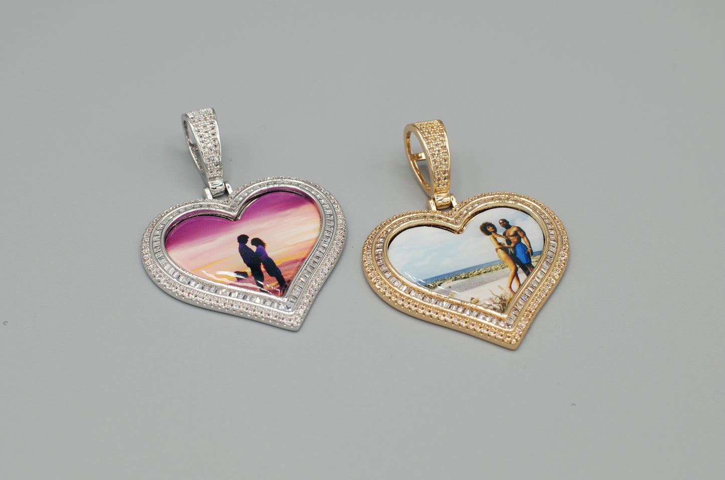 14k Gold or White Gold plated Heart shaped Double Bezel Custom 3D Photo Picture Charm Pendant 1.7 inch (44mm)