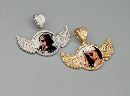 14k Gold or White Gold plated Angel Wings Custom 3D Photo Picture Charm Pendant 2.7 inch (68mm)