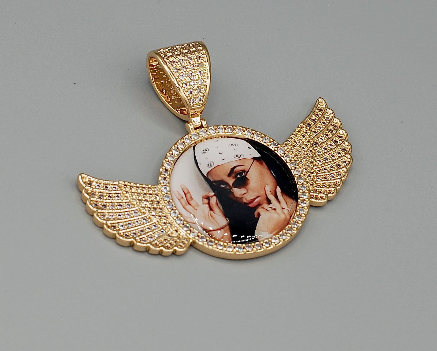 14k Gold or White Gold plated Angel Wings Custom 3D Photo Picture Charm Pendant 2.7 inch (68mm)