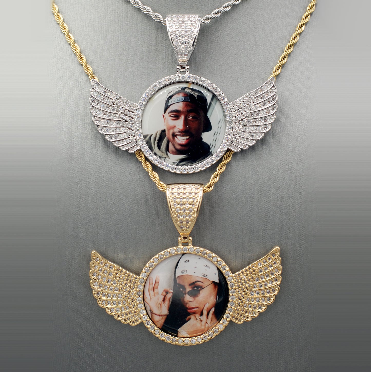 14k Gold or White Gold plated Angel Wings Custom 3D Photo Picture Charm Pendant 2.7 inch (68mm)