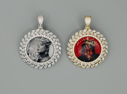 14k Gold or White Gold plated Round Wreath Custom 3D Photo Picture Charm Pendant 1.9 inch (47mm)