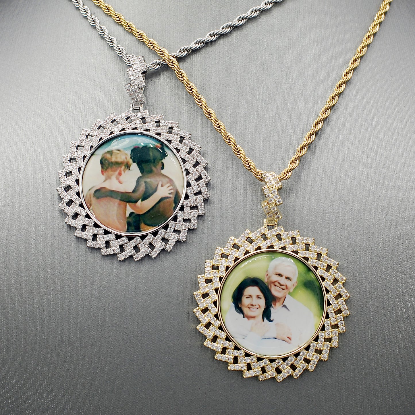 14k Gold or White Gold plated Round Zig bezel Custom 3D Photo Picture Charm Pendant 1.8 inch (46mm)