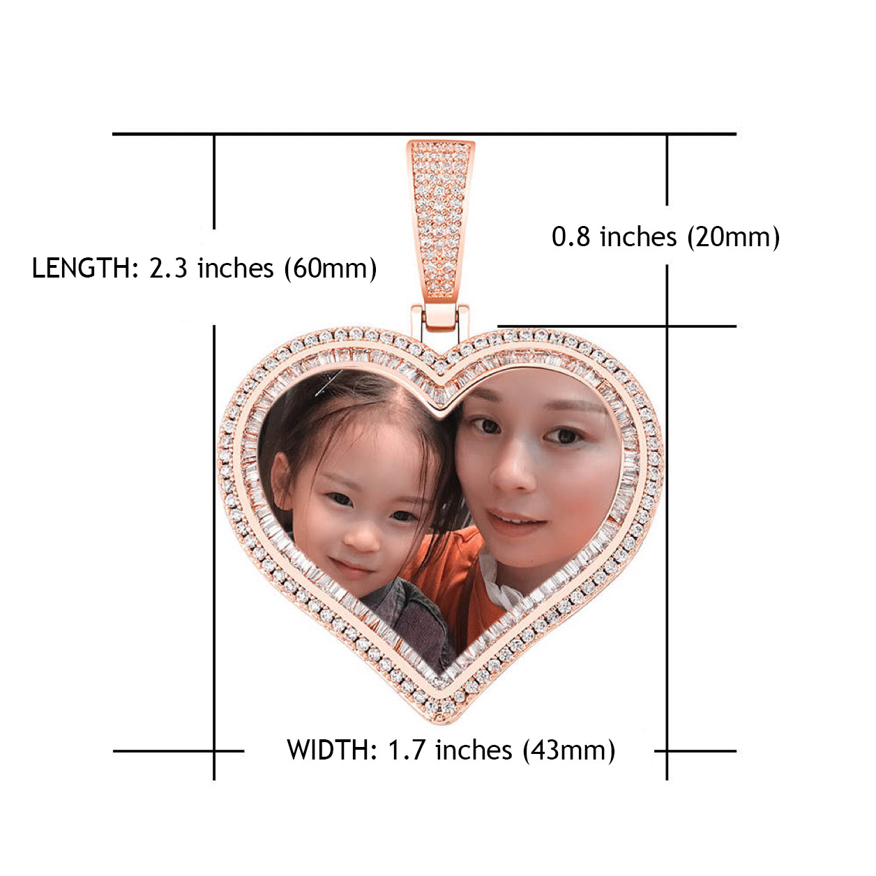 14k Gold or White Gold plated Heart shaped Double Bezel Custom 3D Photo Picture Charm Pendant 1.7 inch (44mm)