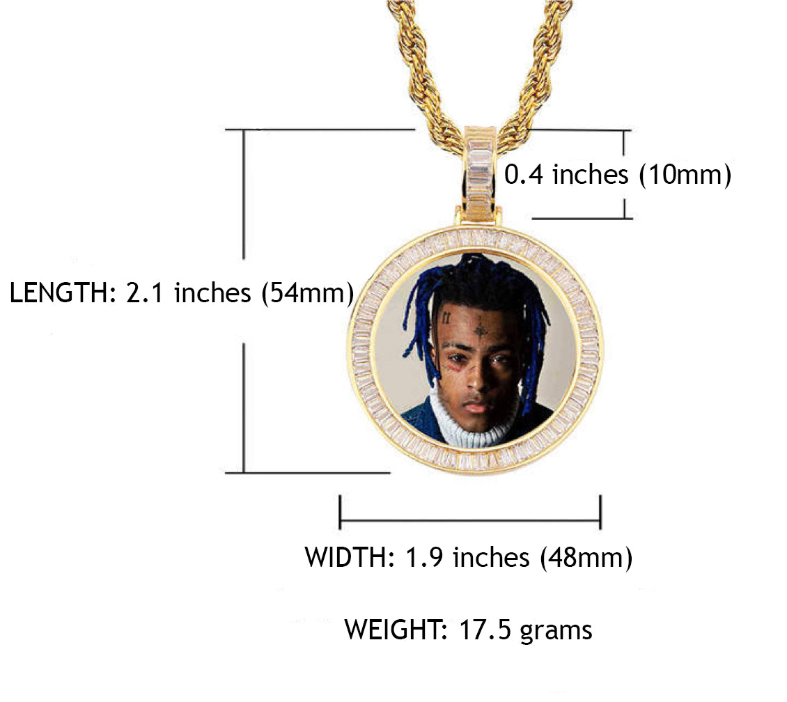 14k Gold or White Gold plated Round Baguette stone Custom 3D Photo Picture Charm Pendant 1.5 inch (39mm)