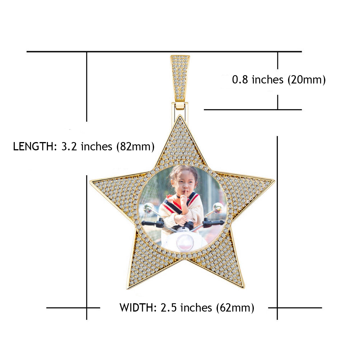 14k Gold or White Gold plated Star Custom 3D Photo Picture Charm Pendant 2.6 inch (65mm)