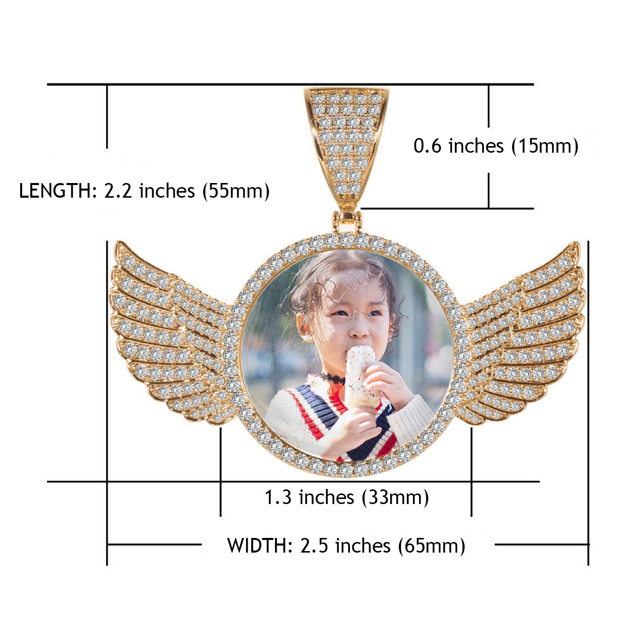 14k Gold or White Gold plated Angel Wings Custom 3D Photo Picture Charm Pendant 2.7 inch (68mm)