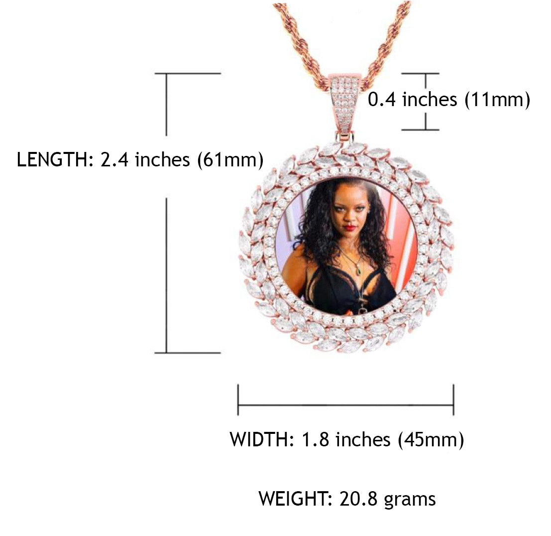 14k Gold or White Gold plated Round Wreath Custom 3D Photo Picture Charm Pendant 1.9 inch (47mm)