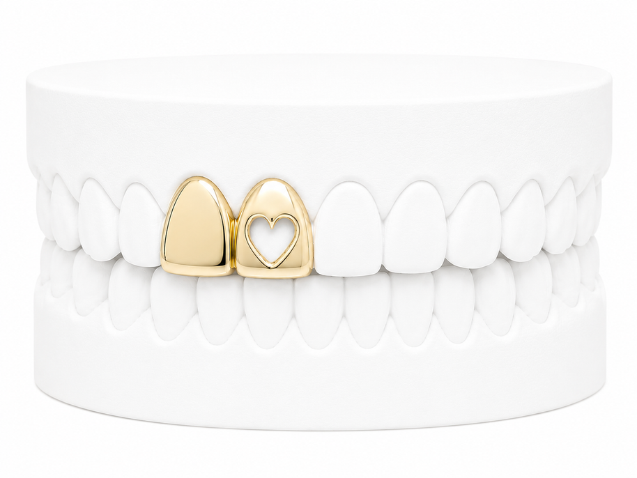 Custom 2 Tooth Solid Gold Fang With Cutout Heart Grillz