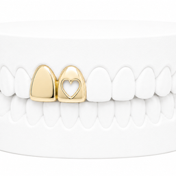 Custom 2 Tooth Solid Gold Fang With Cutout Heart Grillz