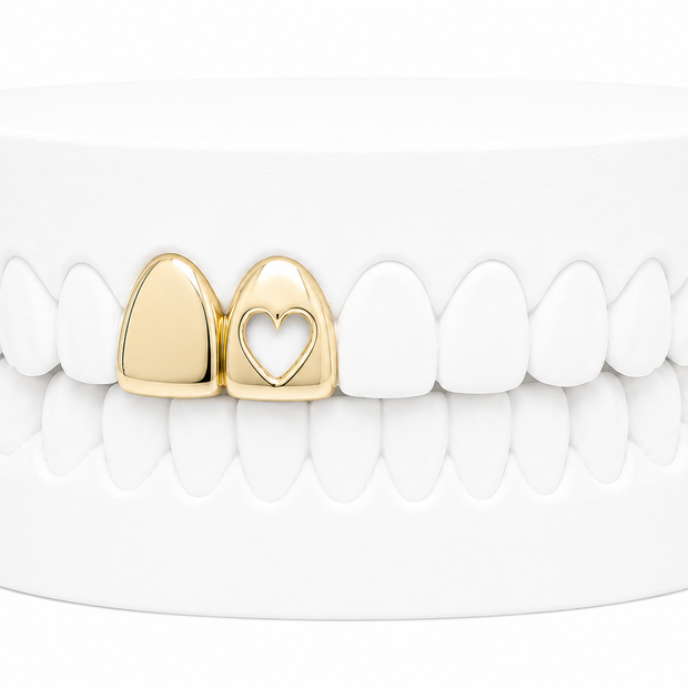Custom 2 Tooth Solid Gold Fang With Cutout Heart Grillz