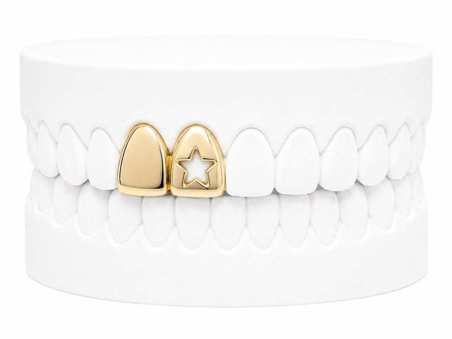 Custom 2 Tooth Solid Gold Fang With Cutout Star Grillz