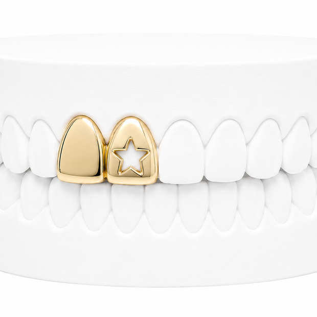 Custom 2 Tooth Solid Gold Fang With Cutout Star Grillz