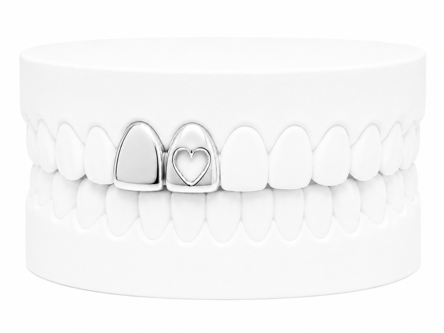 Custom 2 Tooth Solid Gold Fang With Cutout Heart Grillz