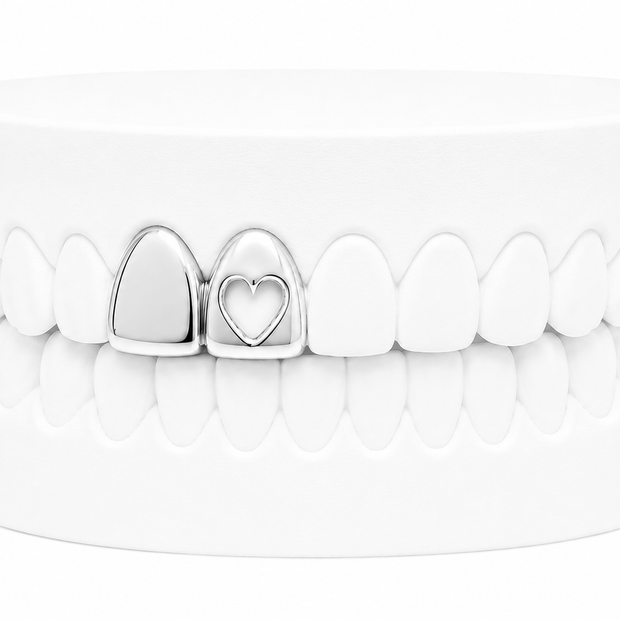 Custom 2 Tooth Solid Gold Fang With Cutout Heart Grillz | Silver, Gold Plated & 10K Gold