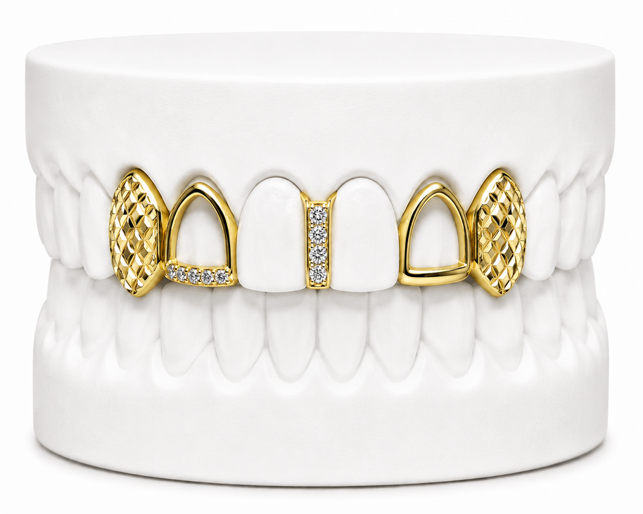 4 Teeth Diamond Cut Fang Grillz with Diamond Gap Filler | Philly Diamond Connection