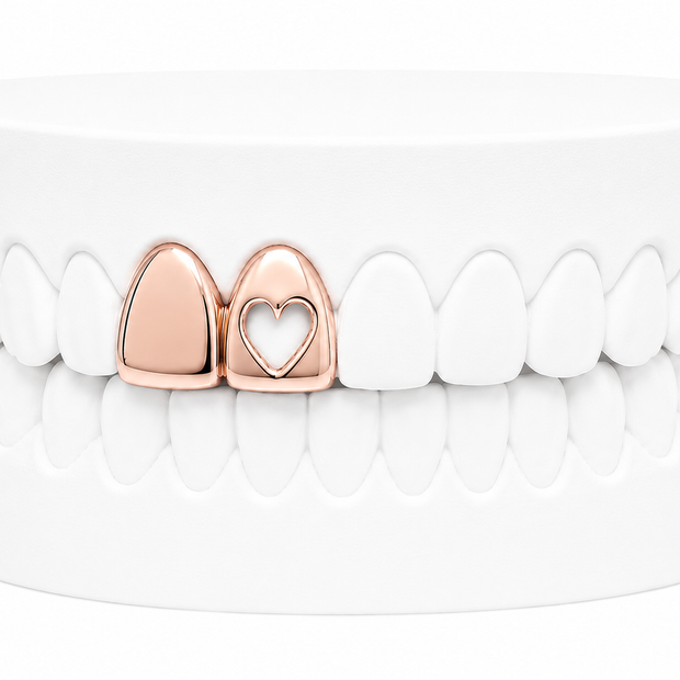Custom 2 Tooth Solid Gold Fang With Cutout Heart Grillz