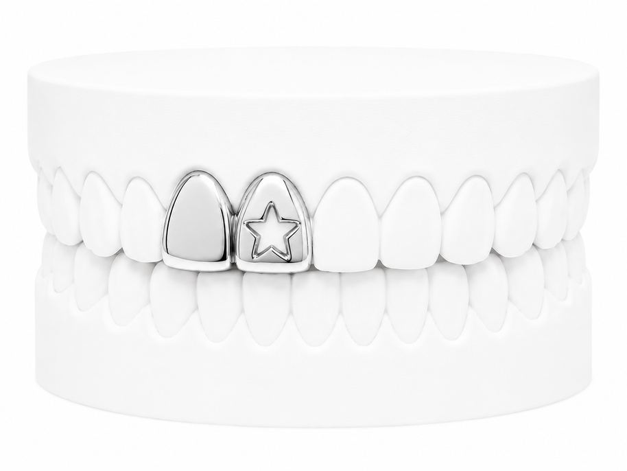 Custom 2 Tooth Solid Gold Fang With Cutout Star Grillz