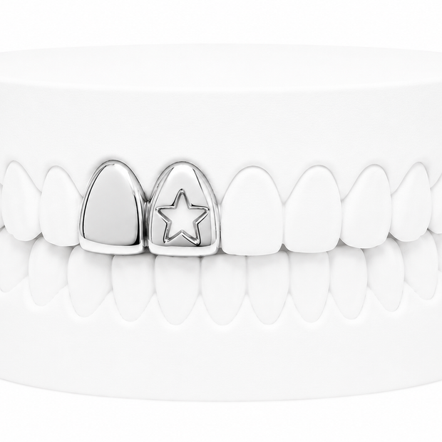 Custom 2 Tooth Solid Gold Fang With Cutout Star Grillz