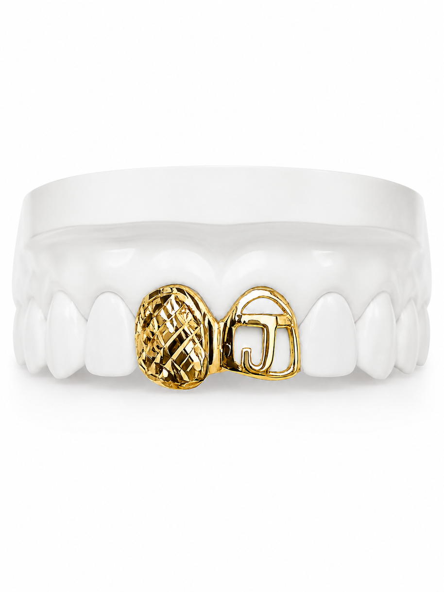 Custom 2 Tooth Diamond Cut Fang & Initial Grillz