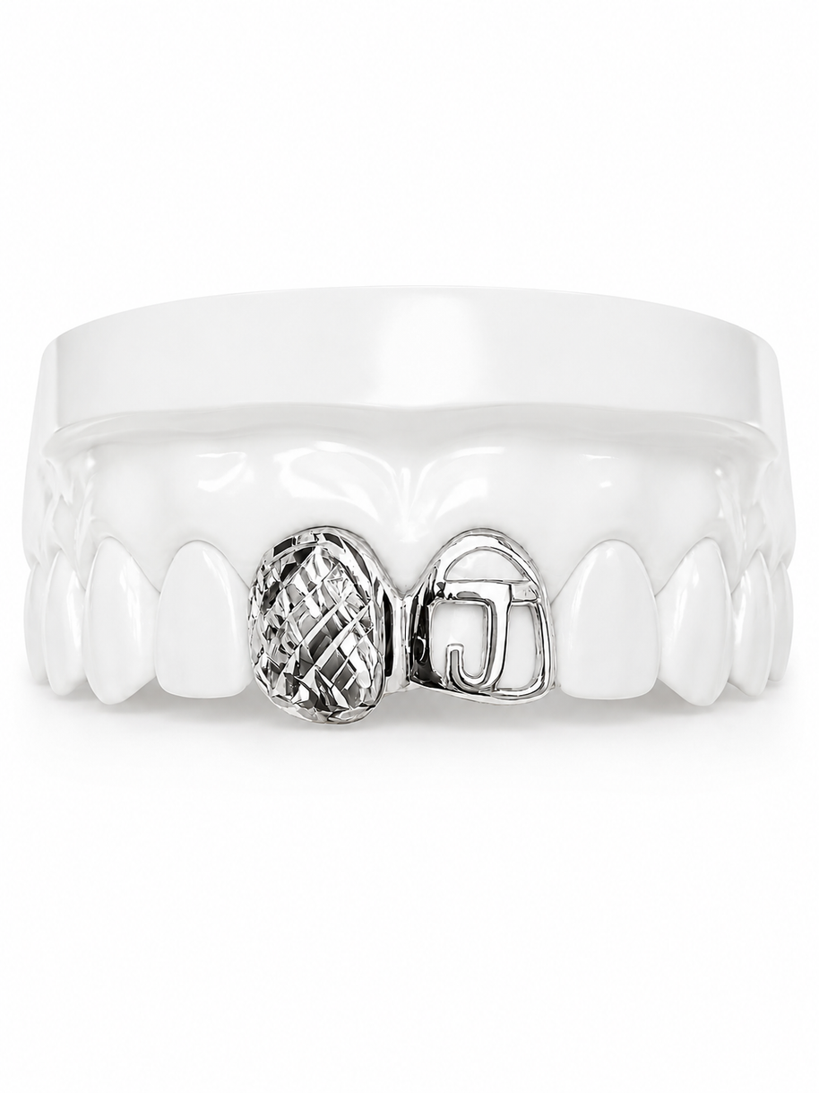 Custom 2 Tooth Diamond Cut Fang & Initial Grillz