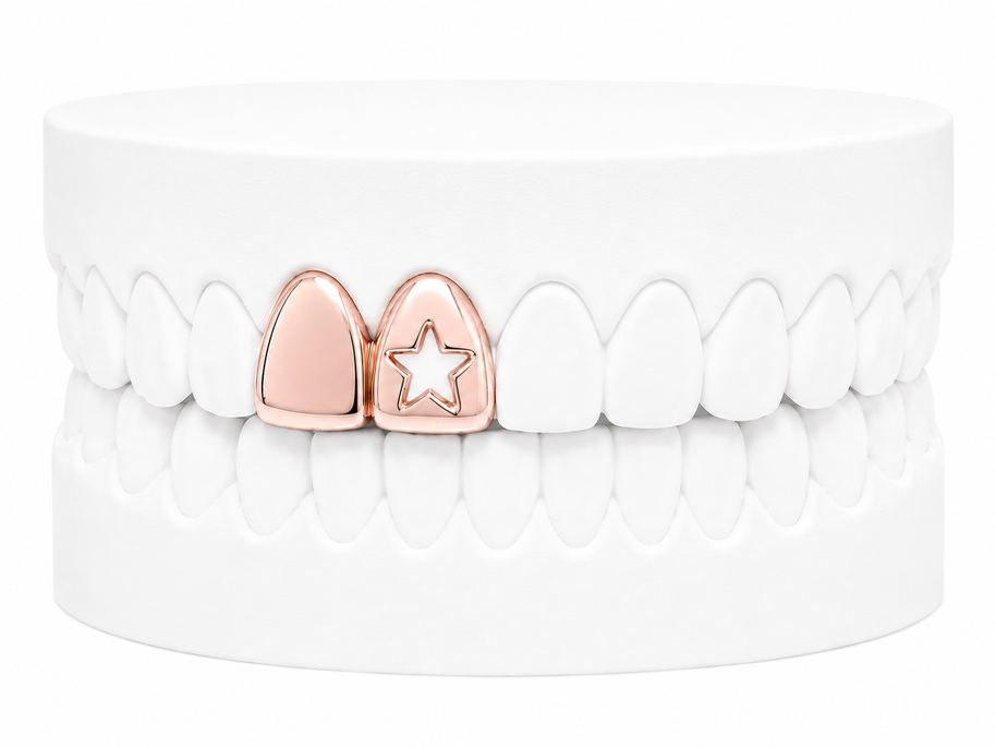 Custom 2 Tooth Solid Gold Fang With Cutout Star Grillz