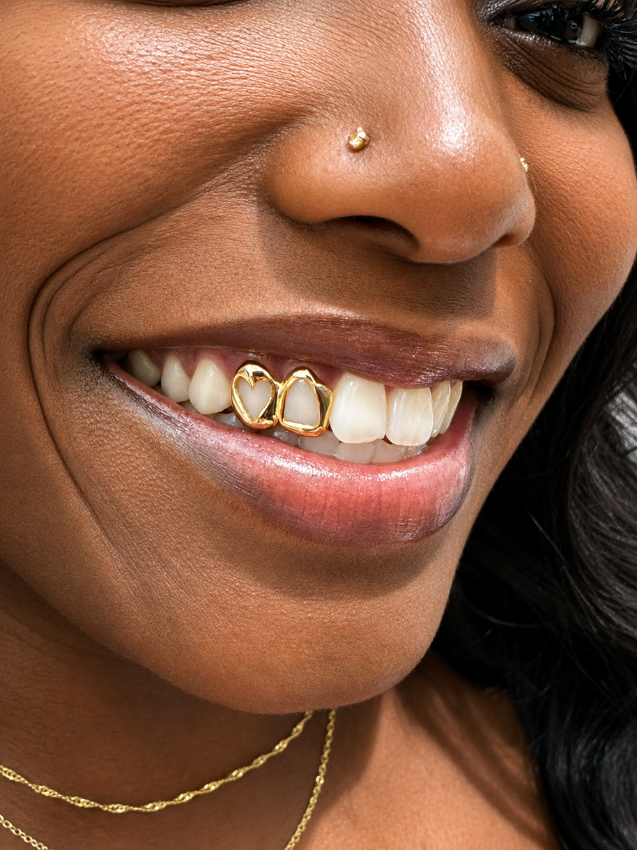 Custom 2 Tooth Open Face Fang & Cutout Heart Grillz
