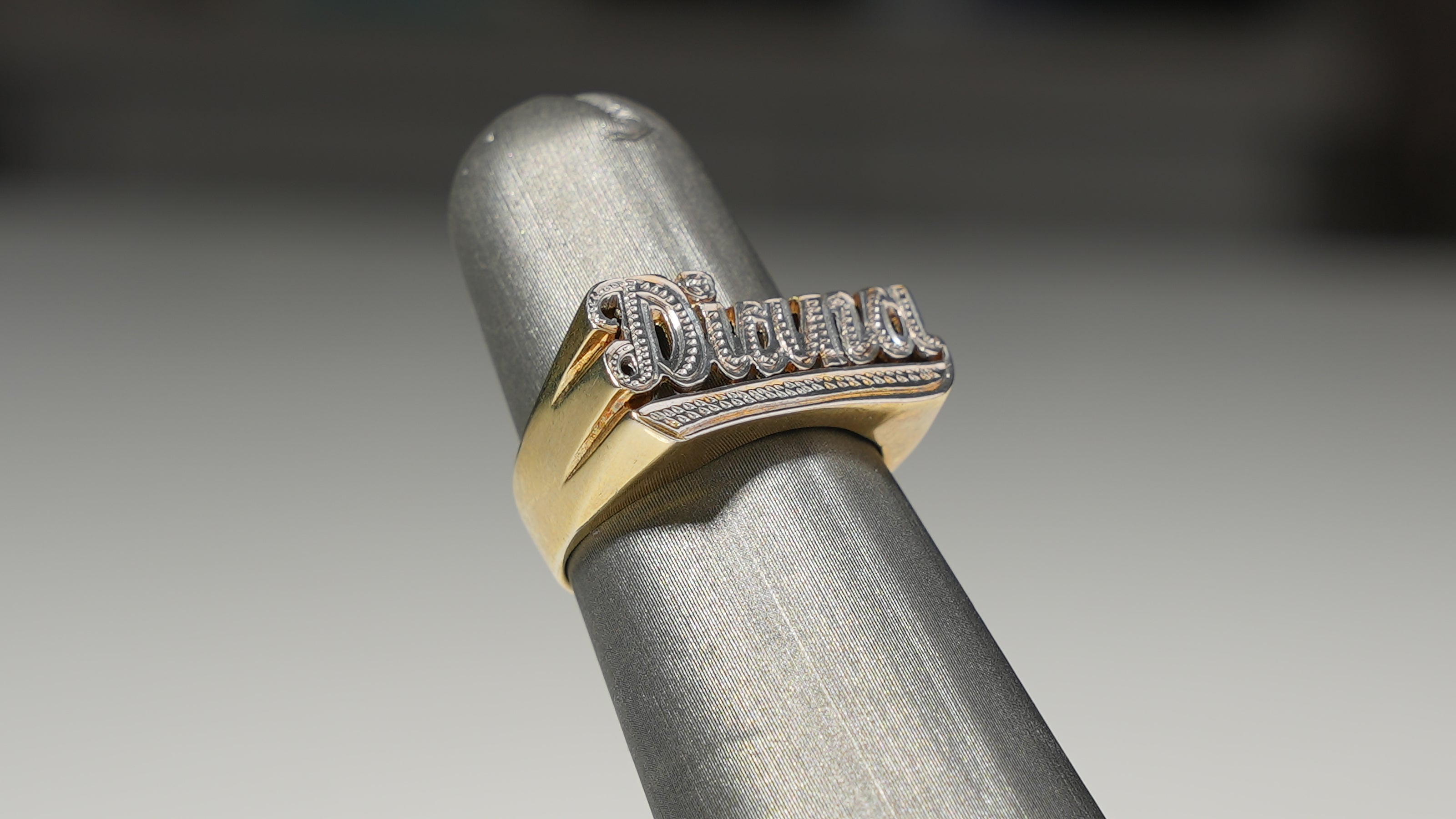 Gold Old School Name Ring with Diamond Cuts