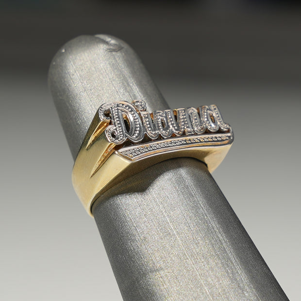 Gold Old School Name Ring with Diamond Cuts
