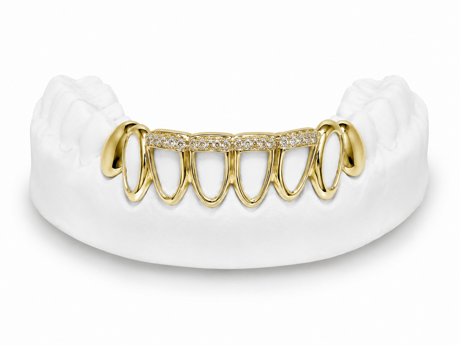 Custom open face diamond bar bottom grillz in 10K gold
