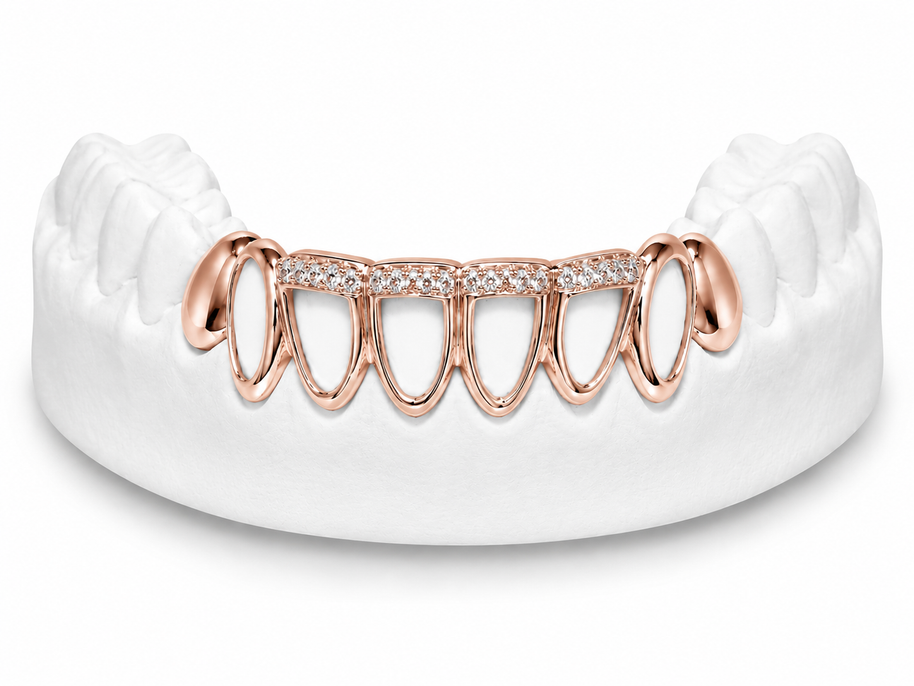 Custom open face diamond bar bottom grillz in rose gold
