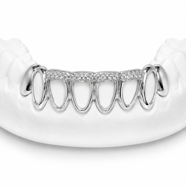 Custom open face diamond bar bottom grillz in silver