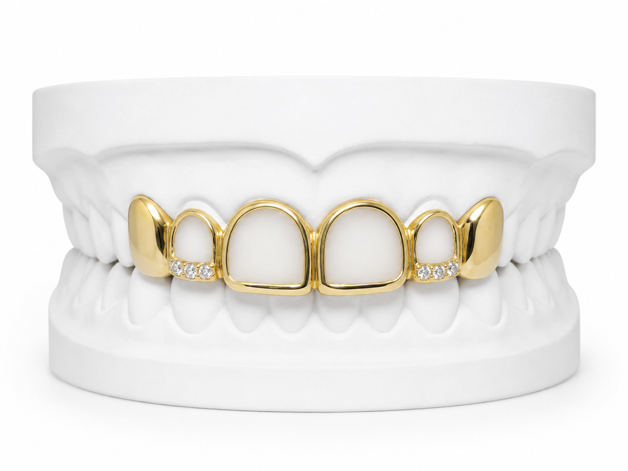 Custom open face fang grillz with diamonds in 10K gold