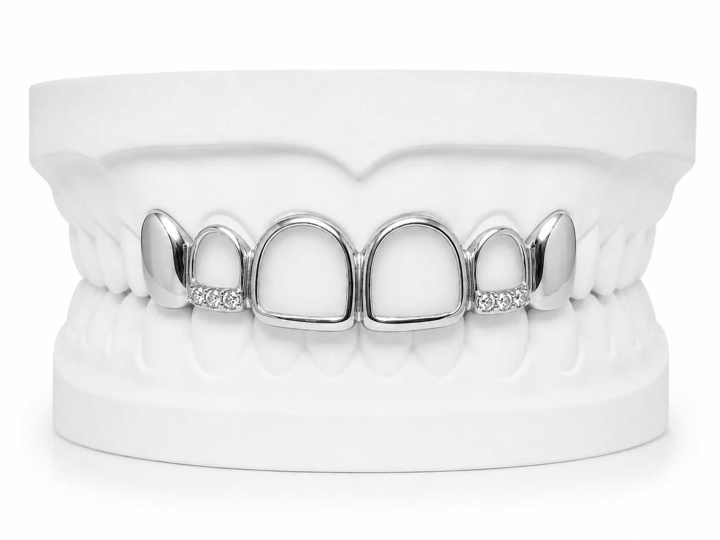 Custom open face fang grillz with diamonds in silver