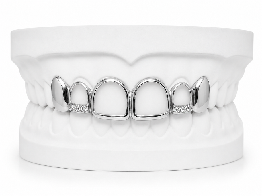 Custom open face fang grillz with diamonds in silver