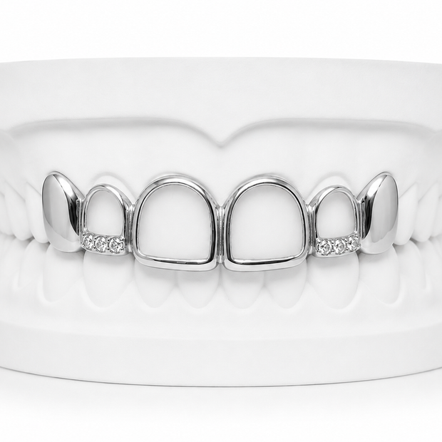 Custom open face fang grillz with diamonds in silver