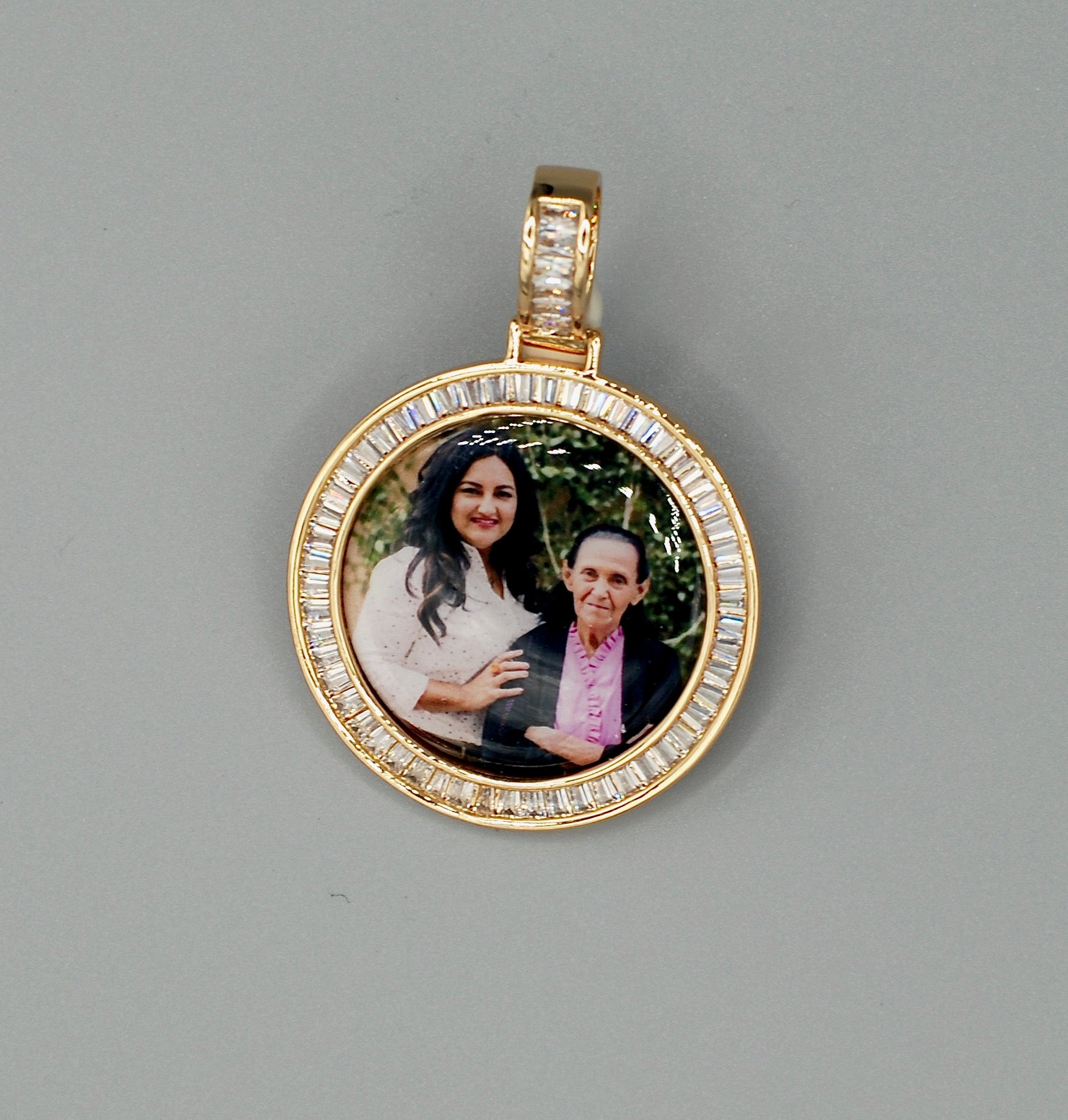 14k Gold or White Gold plated Round Baguette stone Custom 3D Photo Picture Charm Pendant 1.5 inch (39mm)