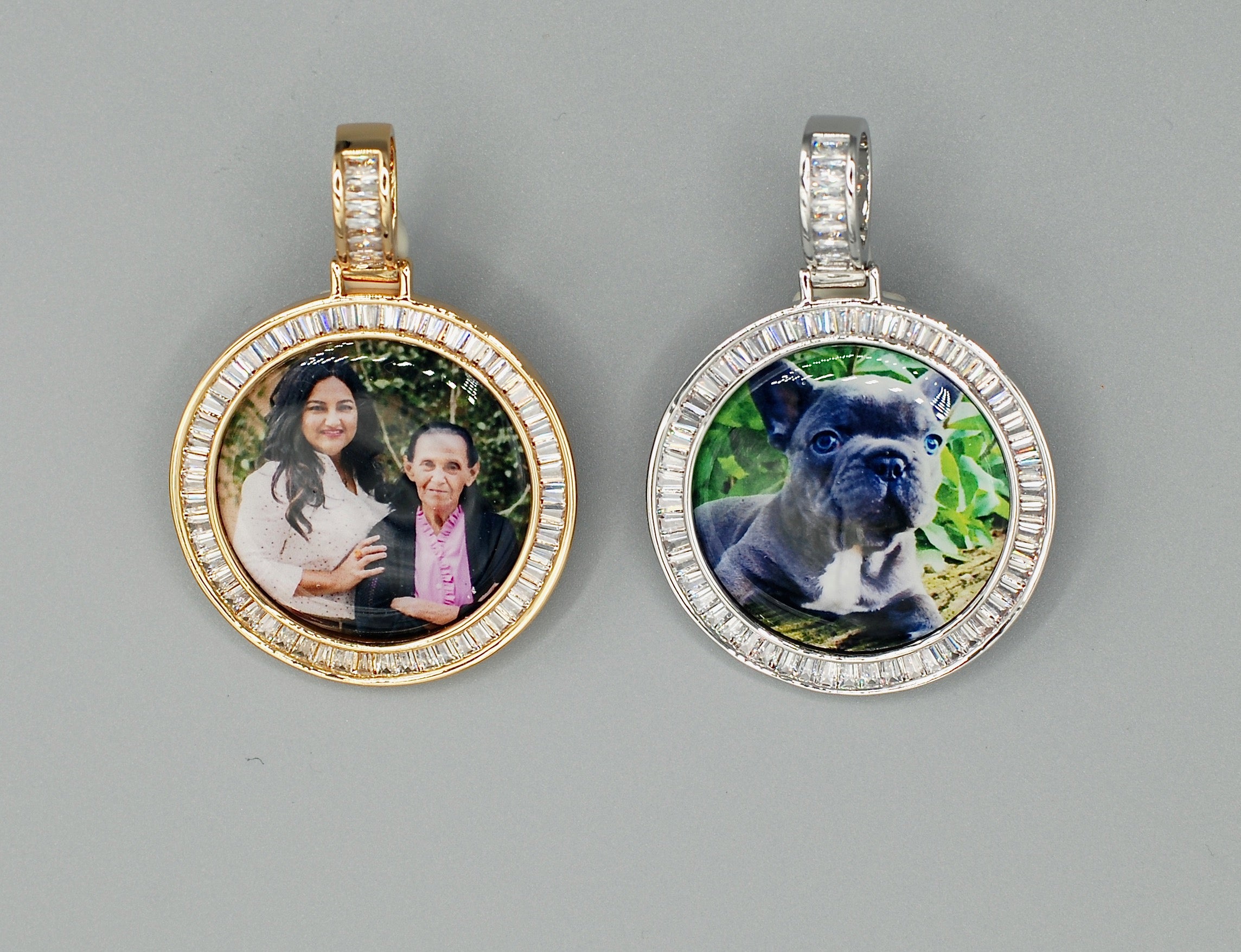 14k Gold or White Gold plated Round Baguette stone Custom 3D Photo Picture Charm Pendant 1.5 inch (39mm)