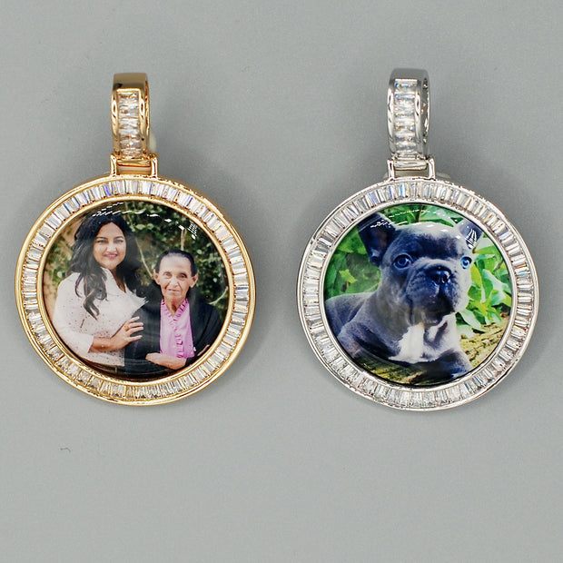 14k Gold or White Gold plated Round Baguette stone Custom 3D Photo Picture Charm Pendant 1.5 inch (39mm)